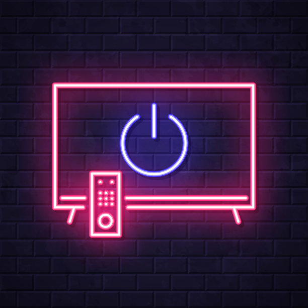 带电源按钮的电视。在砖墙背景上发光的霓虹灯图标图片下载