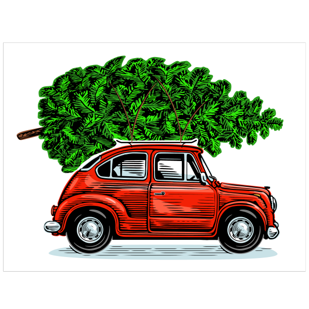 圣诞红色复古车与绿色松树图片下载