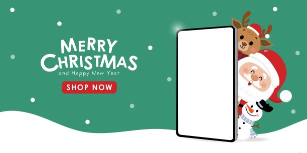 圣诞快乐，新年快乐，与圣诞老人、雪人、鹿和手机同庆。冬季卡通人物矢量素材图片下载