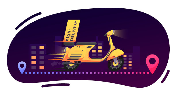 黄色快送复古滑板车，轻便摩托车，摩托车在路上，道路和夜晚的城市，别针在地图上，白色上。矢量插图的设计，传单，海报，横幅，网络，广告图片下载