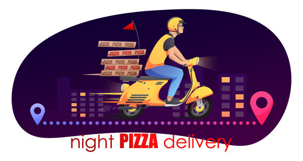 黄色的复古速递摩托车，披萨盒和快递员在夜城的路上，白色上有红蓝别针。矢量插图的设计，传单，海报，横幅，网络，广告图片下载