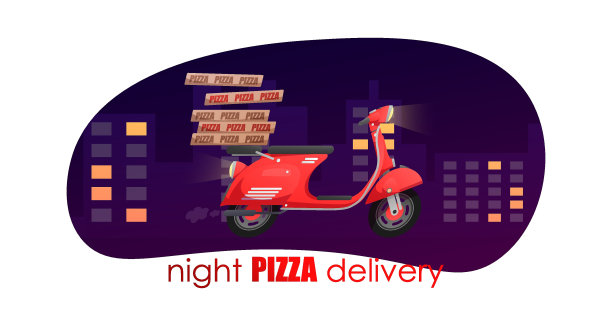 红色的复古速递摩托车，轻便摩托车，路上有披萨盒的摩托车，夜晚的城市，白色的红色别针。矢量插图的设计，传单，海报，横幅，网络，广告图片下载