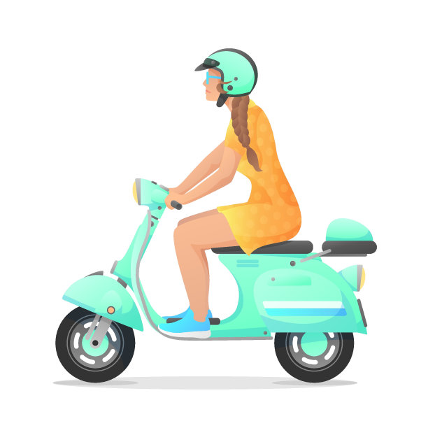 绿色复古滑板车，轻便摩托车，摩托车和女人，女孩在白色的背景上孤立的黄色连衣裙。矢量插图的设计，传单，海报，横幅，网络，广告图片下载