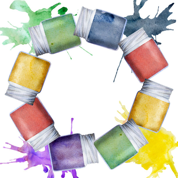 水彩手绘插画，儿童儿童绘画材料用品，水粉亚克力水瓶泼墨。在白色上孤立的花环框架。学校，幼儿园，聚会，贺卡，网站，商店图片下载