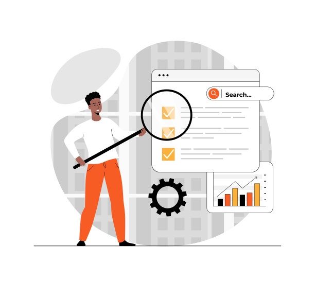 SEO分析概念。负责网站搜索引擎设置，网页统计分析，改进和优化。插图与人的场景在平面设计的网站移动开发图片下载