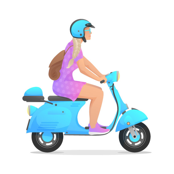蓝色的复古滑板车，轻便摩托车，摩托车和女人，女孩穿着紫色的裙子和棕色的背包，孤立在白色的背景。矢量插图的设计，传单，海报，横幅，网络，广告图片下载