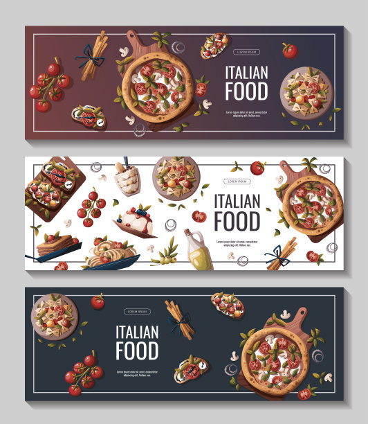 横幅上写着意大利披萨，意大利面，烤面包，千层面，橄榄油。意大利美食。图片下载