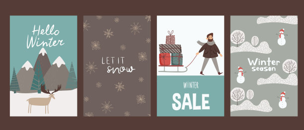 你好,冬天。冬天的照片。新年贺卡。一套圣诞和新年主题的明信片。快乐的人们和圣诞魔法图片下载