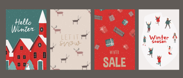 你好,冬天。冬天的照片。新年贺卡。一套圣诞和新年主题的明信片。快乐的人们和圣诞魔法图片下载