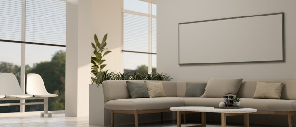 室内设计的一个现代等候区休息室与舒适的沙发，咖啡桌，和装饰。图片下载