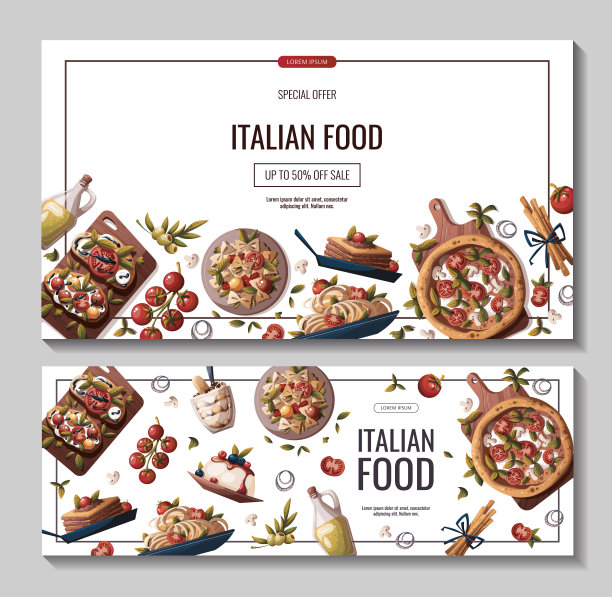 横幅上写着意大利披萨，意大利面，烤面包，千层面，橄榄油。意大利美食。图片下载