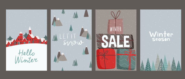 你好,冬天。冬天的照片。新年贺卡。一套圣诞和新年主题的明信片。快乐的人们和圣诞魔法图片下载