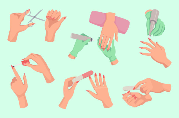 修指甲的手。女性美容院的手与指甲油的精确矢量平面图片集图片下载
