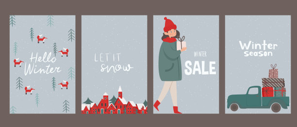 你好,冬天。冬天的照片。新年贺卡。一套圣诞和新年主题的明信片。快乐的人们和圣诞魔法图片下载