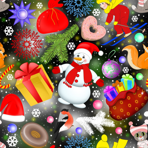 无缝图案上的圣诞主题与许多不同的绘制对象在黑色背景。图片下载