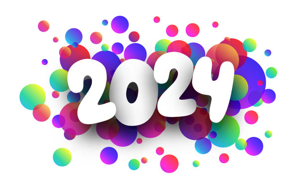 新年2024纸编号日历标题在彩色背景多色渐变圆形五彩纸屑。图片下载