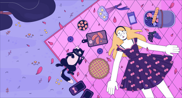 毯子野餐女孩猫阁楼壁纸图片下载