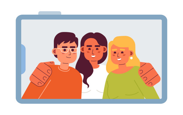 朋友群照片上的手机平面概念矢量点插图图片下载