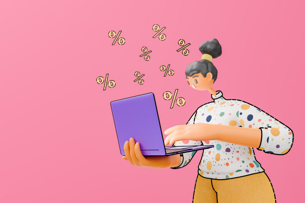卡通女人与笔记本电脑和折扣百分比粉红色的背景图片下载