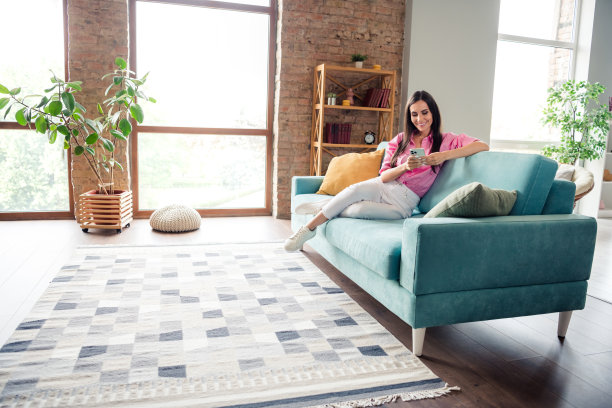 照片的开朗漂亮的年轻女士穿着粉红色的衬衫坐在沙发上发短信现代设备在室内的房子房间图片下载