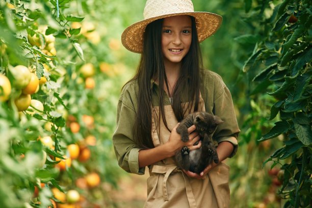 手里抱着可爱的小猫。小女孩在花园里种西红柿图片下载