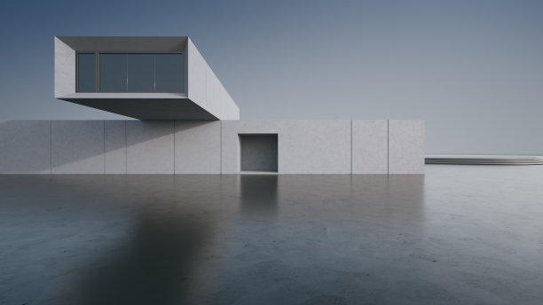 现代建筑抽象建筑设计。空停车场地板和混凝土墙与蓝天景观。图片下载