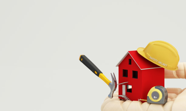 建筑承包商或家庭装修或房地产投资的背景图像。有一个红色的房子模型，周围是木工工具和卷尺。三维渲染图图片下载