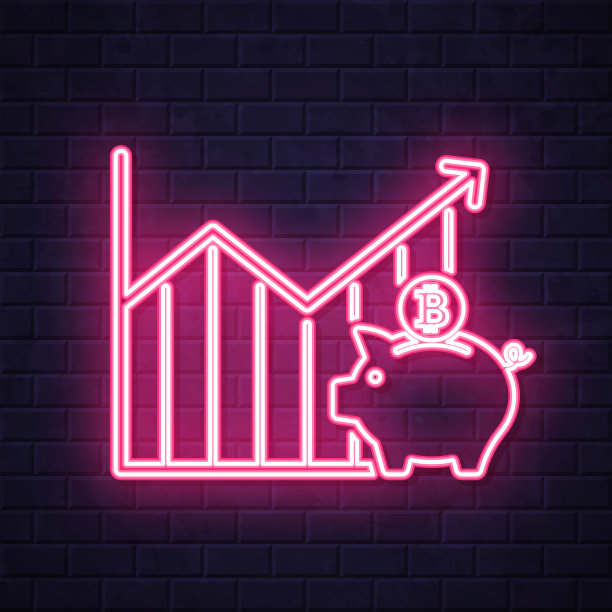 比特币储蓄增加的图表。在砖墙背景上发光的霓虹灯图标图片下载