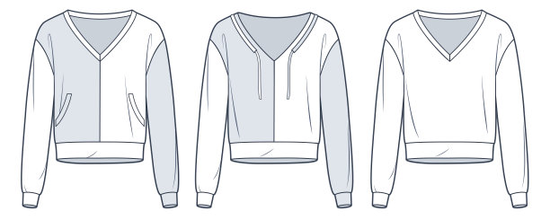 V领运动衫技术时尚插画。毛衣时尚平面技术图纸模板，口袋，长袖，宽松合身，正面，白色，灰色，女，男，男女皆可Top CAD模型集。图片下载