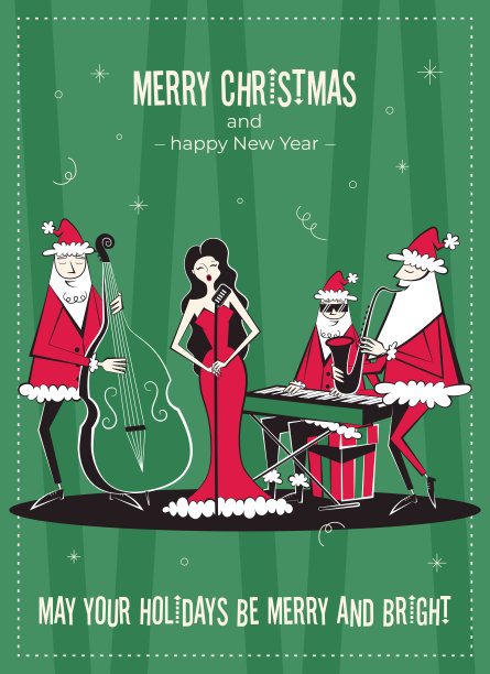 圣诞快乐，新年快乐贺卡，时尚六七十年代复古风格。图片下载