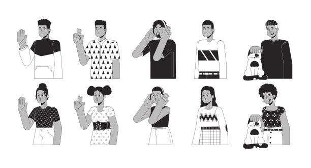 非裔美国千禧一代黑白2D卡通人物集图片下载