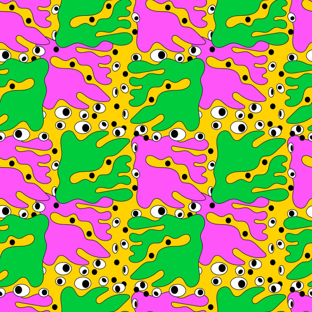 抽象手绘怪物形状与眼睛。明亮的颜色无缝图案。万圣节派对插画图片下载