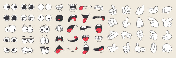 一组70年代groovy漫画面孔矢量。收集卡通人物的脸，手握不同的情绪高兴，生气，悲伤，开朗。可爱的复古时髦的装饰，贴纸嬉皮士插图图片下载