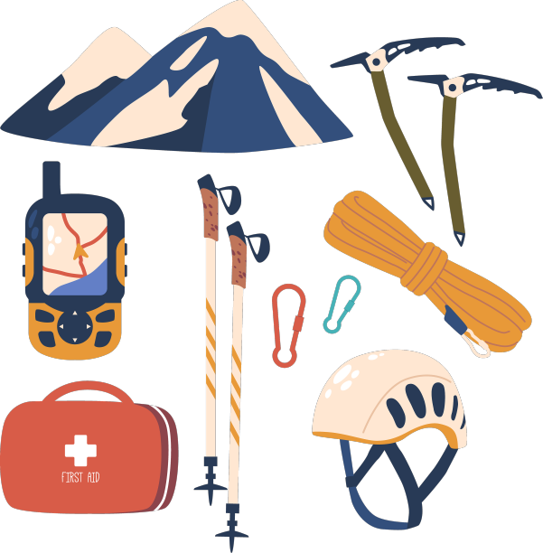 登山装备冰斧、绳索、钩环图片下载