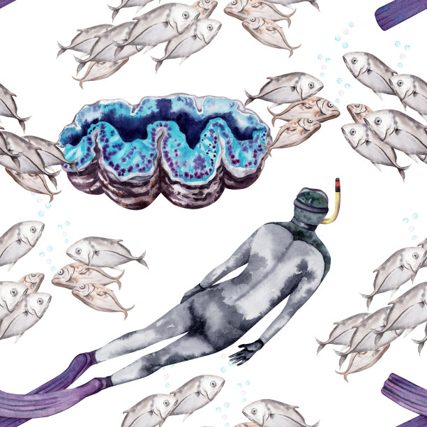 无缝图案的鱼，巨大的蛤蜊和人类潜水员。手绘水彩插图孤立的白色背景。用于潜水商店宣传册、包装纸和墙纸、卡片、纺织品图案。图片下载