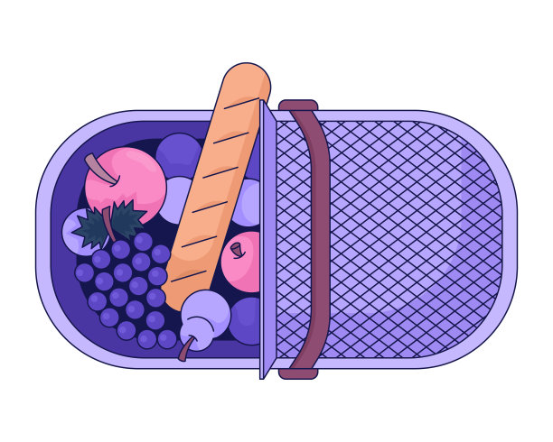 俯视图野餐篮水果法棍面包二维线性卡通对象图片下载