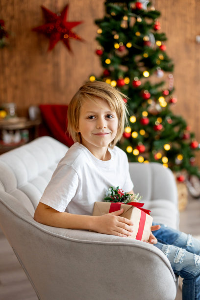 青春期前的孩子，可爱的孩子在工作室过圣诞节，装饰舒适的家的圣诞照片，图片下载