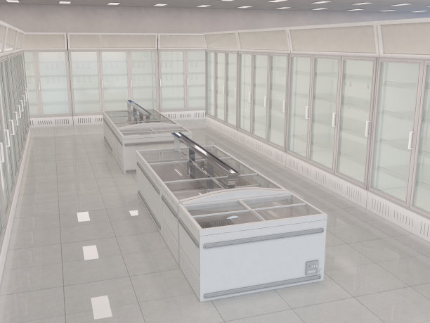 超市或杂货店的冷冻区或冷冻食品区，有许多空货架的冷藏陈列柜，和空的岛式冰箱。透视图。3d渲染图。图片下载