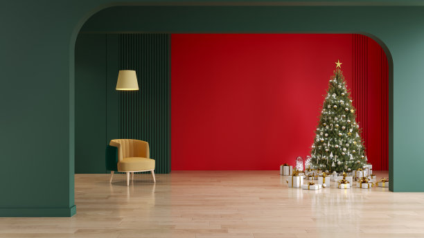 圣诞树和客厅室内与圣诞新年背景，绿色和白色的红色，3d渲染图片下载