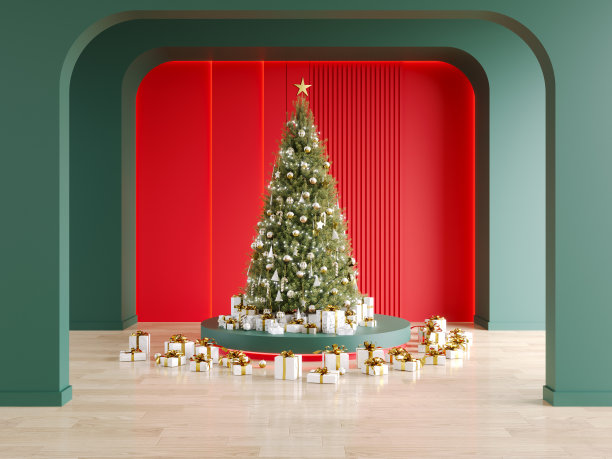 圣诞和新年快乐，空房间内部和讲台，绿色和红色的墙壁，3d渲染图片下载
