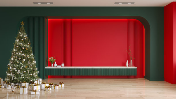 电视墙模拟客厅内部与圣诞新年背景，绿色和红色的墙，3d渲染图片下载