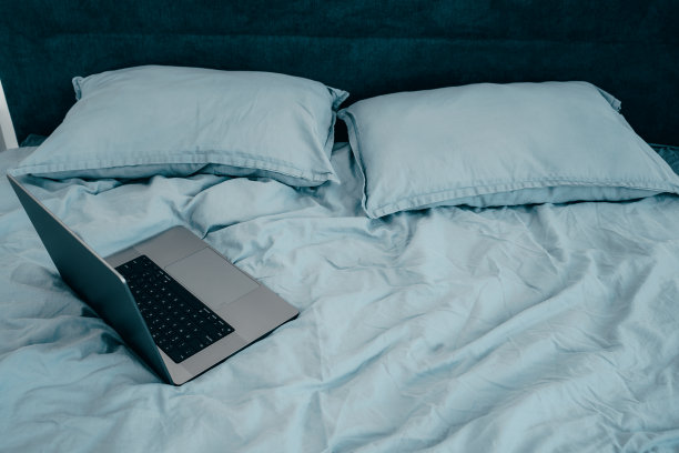 早上在蓝床单的床上用笔记本电脑。居家办公。自由的概念图片下载