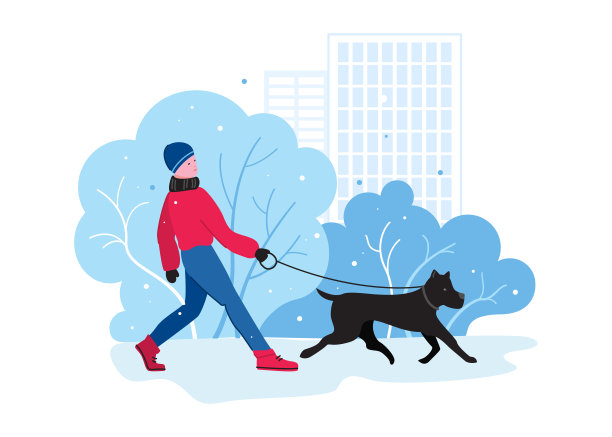 一个男孩在冬天的公园里遛狗图片下载