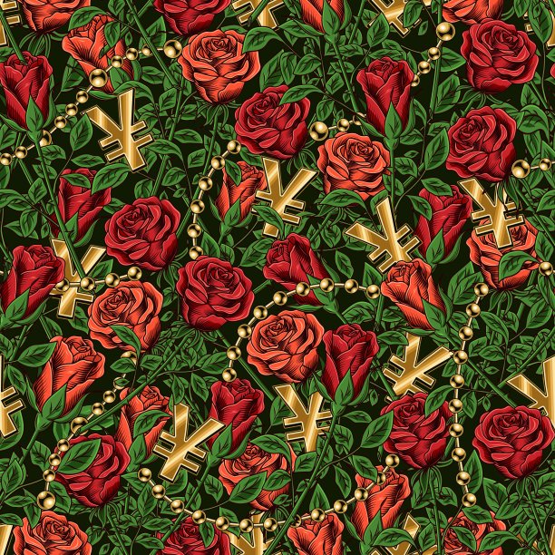 复古无缝花纹与玫瑰，元标志图片下载