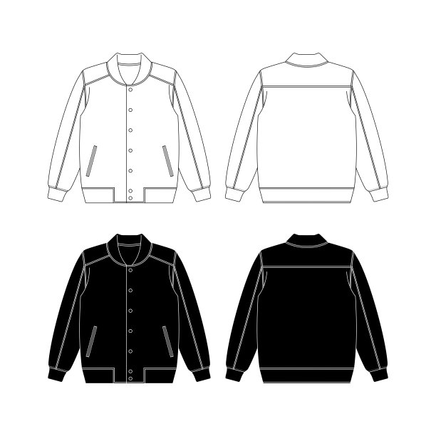 飞行员夹克套装，手绘夹克轮廓插图，休闲服装。矢量技术草图。模型模板。图片下载