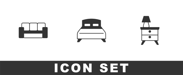 设置沙发，大床和床头柜灯图标图片下载