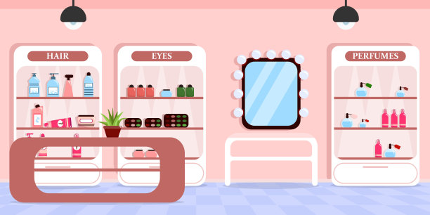 现代室内化妆品商店的矢量插图。卡通室内配有各种化妆品架、桌子、镜子。图片下载