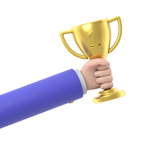 明星奖手握赢家。金色的奖杯。3d插图平面风格设计。首位。胜利奖。获得成就。成功的象征，冠军。白色背景的3D渲染。图片下载