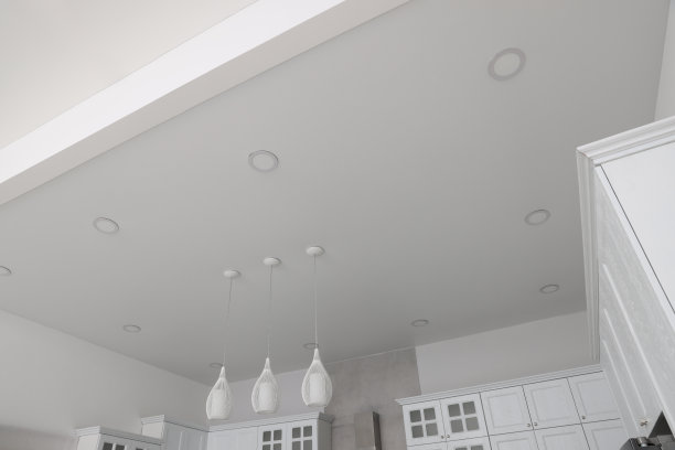 天花板与现代灯具和家具在时尚的厨房，低角度视图图片下载