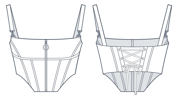 紧身胸衣上衣技术时尚插画。拉链紧身胸衣时尚平面技术图纸模板，绑带，系带，修身，前后视图，白色，女性顶级CAD模型。图片下载